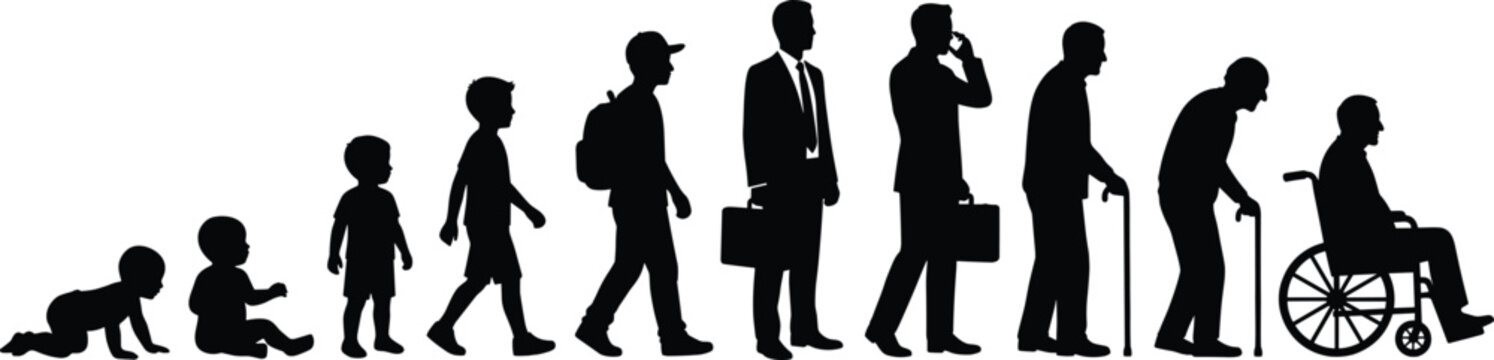 Human life cycle evolution silhouettes, male aging process from baby to old age, growing man timeline, wheelchair disability icon
