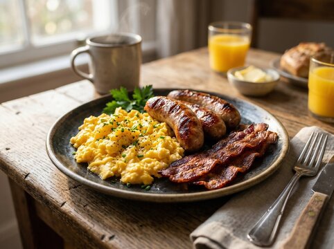 Classic full english breakfast featuring fluffy scrambled eggs, crispy bacon, grilled sausages, and fresh parsley served on a rustic wooden table.