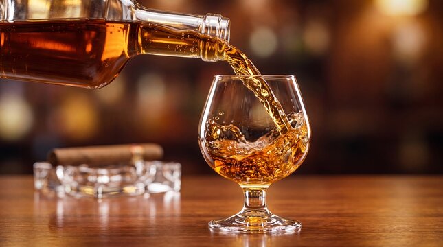 Golden brandy or cognac being poured from a glass bottle into a snifter glass on a wooden bar counter with a cigar resting in an ashtray nearby.