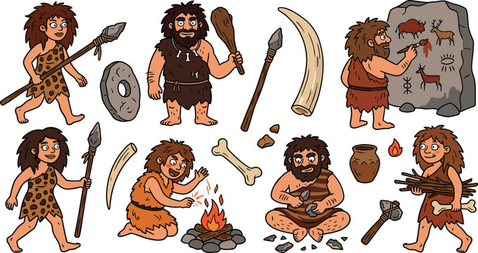 Stone Age caveman vector cartoon set featuring primitive characters prehistoric hunters making fire painting on wall and holding ancient weapons isolated on white.