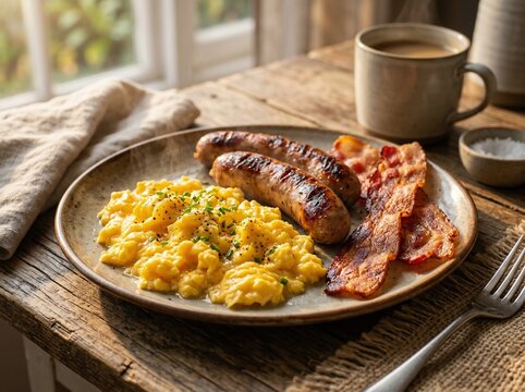 Hearty breakfast meal consisting of crispy smoked bacon savory pork sausages and creamy scrambled eggs served on rustic ceramic plate alongside steaming mug of hot dark coffee on wooden table.