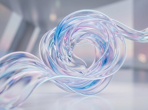 Abstract flowing glass shape with iridescent colors creating fluid curves in soft light studio environment capturing delicate movement in digital art style for modern creative graphic design projects.