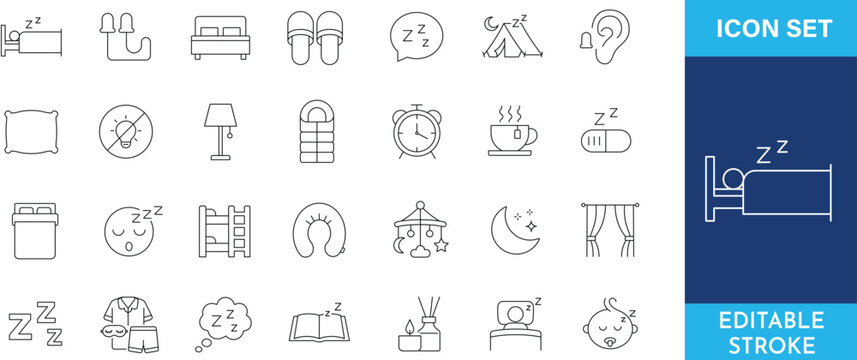 Sleep and night rest thin line icons collection for bedroom environment and bedtime routine.