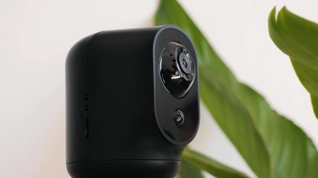 Wireless IP camera that monitors the interior of the home, smart home and security concept. The camera rotates and reacts to movements. . High quality 4k footage