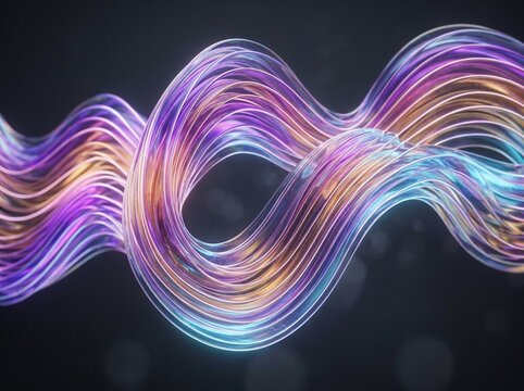 Curved flowing abstract lines made of iridescent multi colored ribbons weaving together in infinite loop pattern creating elegant fluid motion against dark moody background with subtle bokeh lights.