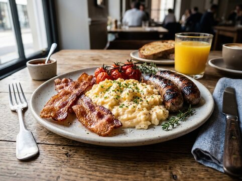 Full english breakfast spread with scrambled eggs, crispy bacon, grilled sausages, roasted tomatoes, and fresh chives on wooden table at a cafe.