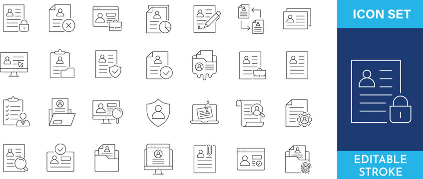 Document and personal data icon set, line style editable stroke.