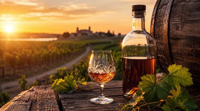 A crystal glass and bottle of cognac on a wooden barrel against a beautiful golden sunset over a scenic vineyard, symbolizing luxury and relaxation.