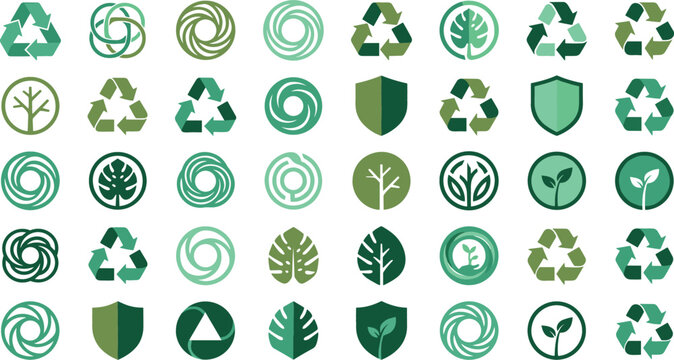 Green ecology and recycling icons set featuring bio sustainability symbols leaf badges eco organic product labels circular arrows and nature preservation elements.
