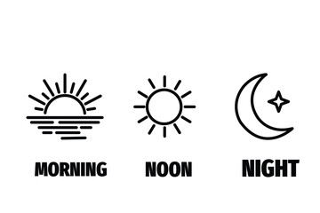 Naklejka premium Set of icons representing time of day morning with sunrise, noon with sun, and night with moon and star, simple black line art design vector illustration