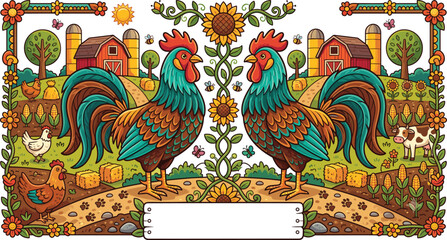 Farm vector banner with colorful roosters chickens cow barns sunflowers and country landscape in cartoon style. © Mst Fateha Begum