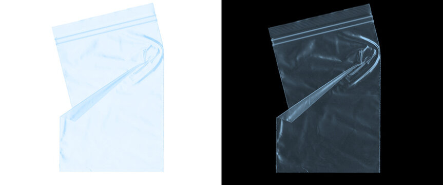 Transparent plastic zip bag texture, wrinkled polyethylene storage pouch, clear resealable poly bag mockup isolated on white and black background