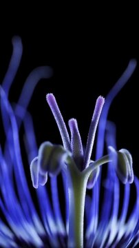 Side View Macro of White Caper Flower with Violet Stamens Isolated on Black Background