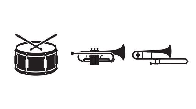 Black and white drum, trumpet and trombone on white background for music and instrument concepts