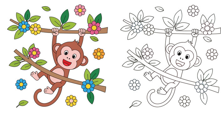 Cute cartoon monkey swinging on tree branches with flowers. Colorful illustration and black white outline version for kids coloring book page.