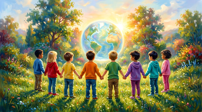 Diverse Children Holding Hands Around Globe in Nature