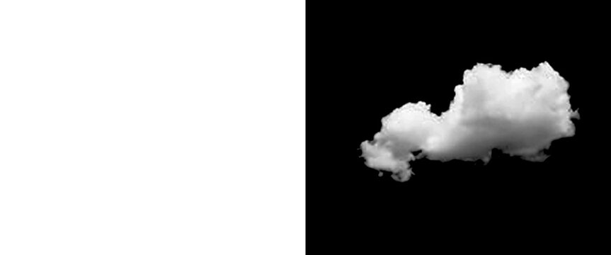Fluffy white cloud isolated on black background, realistic cumulus cloud cutout for compositing, soft cotton texture cloud element