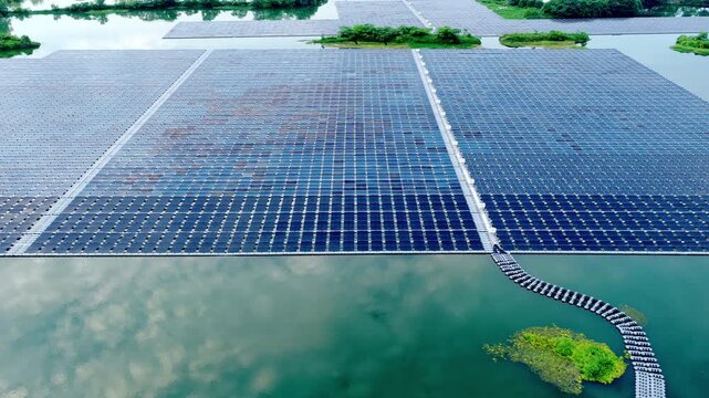 Aerial view of fishery-solar complementary photovoltaic power station on water