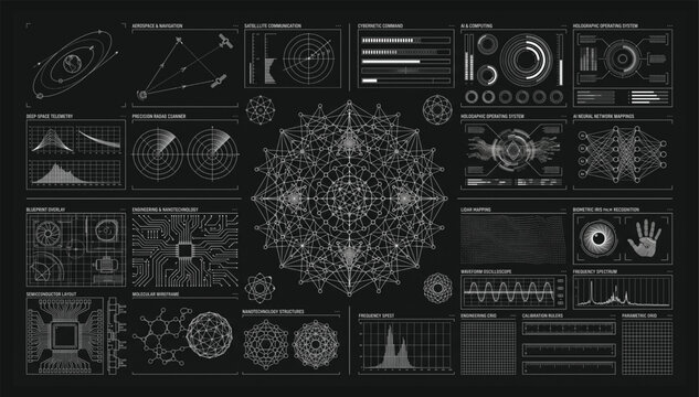 High tech hud interface set featuring detailed geometric patterns and data charts interface geometry futuristic technology dashboard analytics visualization hologram information tracking