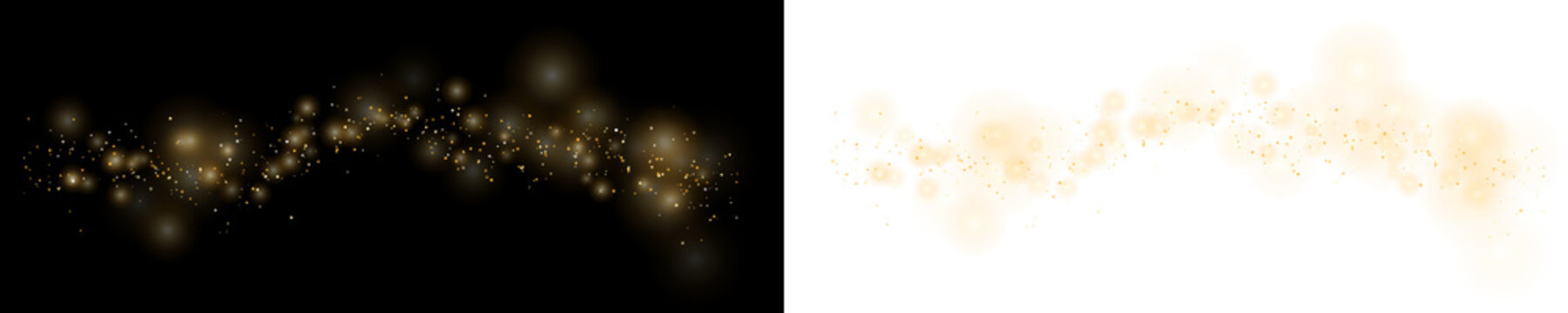 Golden light particles floating in a wavy line with glowing sparkles and bokeh effect