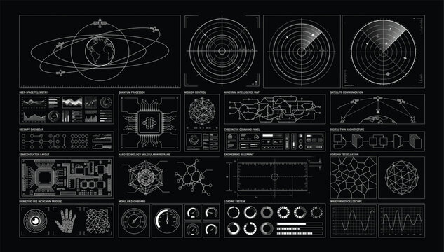 Futuristic digital hud interface collection with radar screens and data graphs interface futuristic technology dashboard analytics visualization hologram information statistics blueprint