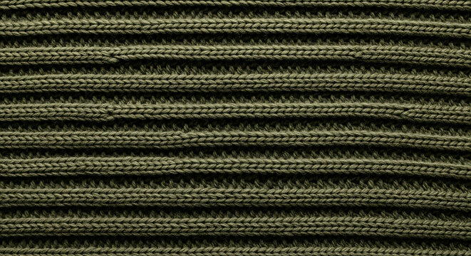 Detailed close up texture of olive green knitted fabric with vertical ribbed pattern fashion apparel and textile backgrounds