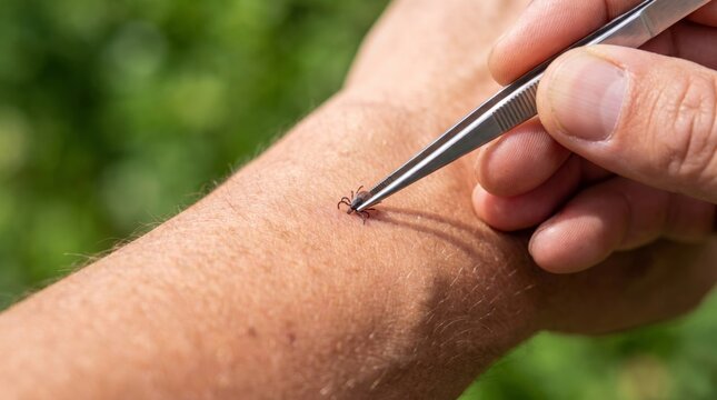 Man using tweezers to remove a tick from human skin. Parasite bite on arm causing infection risk. Prevention of Lyme disease and encephalitis during outdoor activity in summer.