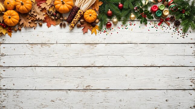 Autumn and christmas decorations on a white wooden background
