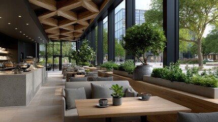 Fototapeta premium World-class sustainable breakfast innovation center features AI culinary labs and robotic bakery systems in elegant Scandinavian design