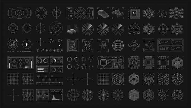 Set of futuristic digital hud interface elements and holographic technology icons with interface technology futuristic hologram elements abstract monitoring analysis connection components