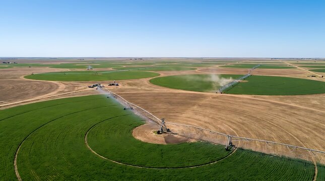 a center pivot irrigation system creating distinct circular crop patterns in an arid landscape.