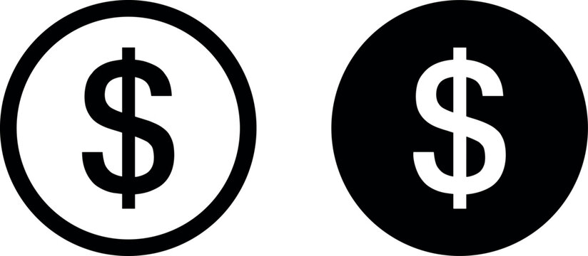 Dollar sign icons in outline and solid circle styles, representing financial currency, banking transactions, wealth, and commercial retail pricing.