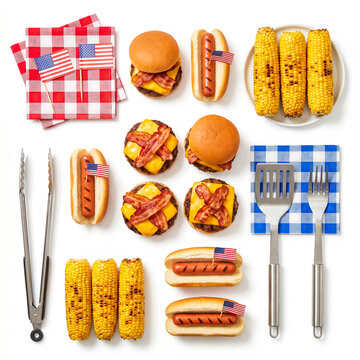 All-American BBQ Feast: A vibrant spread of classic American barbecue fare, including juicy burgers, hot dogs adorned with miniature flags, and grilled corn on the cob, laid out on checkered napkins.