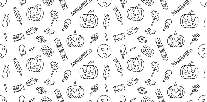 Halloween seamless pattern vector with cute pumpkins and candies line art for spooky holiday background and kids coloring page