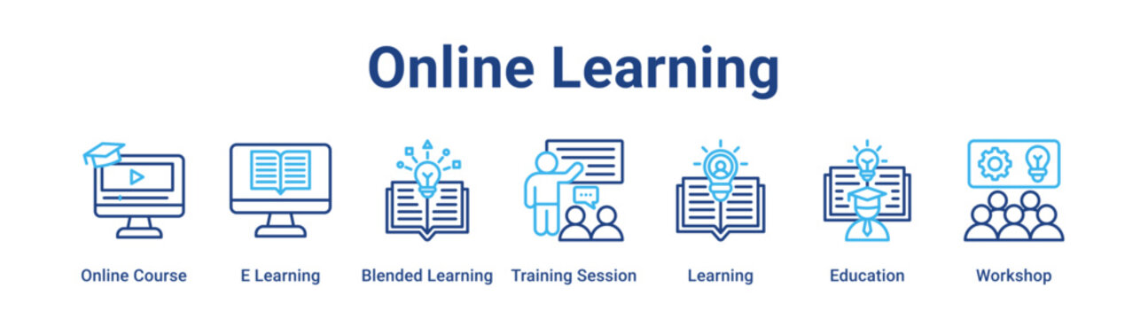 Online Learning web banner icon vector illustration concept for business with icon of Online Course, E Learning, Blended Learning, Training Session, Learning.