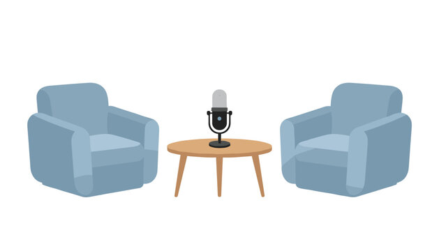 Podcast setup features two blue armchairs around a table with a central microphone for hosting engaging and professional guest conversations.