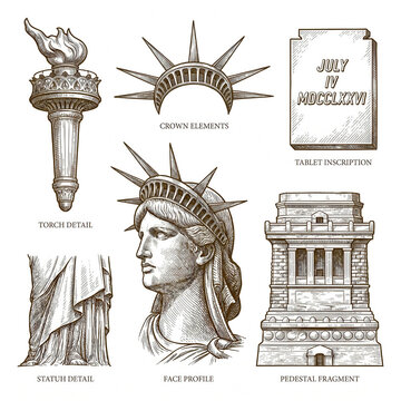 Statue of Liberty Elements: Detailed illustration showcasing various iconic components of the Statue of Liberty, including the torch, crown, tablet, and facial profile.