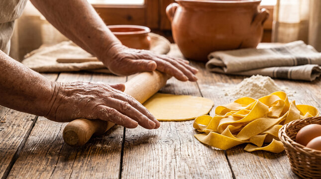 Elderly hands dusted in flour rolling fresh pappardelle on a rustic wooden table. Wooden pin, fresh eggs, and golden pasta ribbons scattered. 