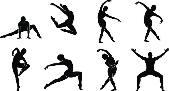 Elegant ballet and contemporary dancer silhouettes vector collection featuring graceful poses jump leaps and artistic movementsMobile