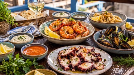 Fototapeta premium A festive spread of Mediterranean seafood, including grilled shrimp, mussels, octopus, and calamari, served with dipping sauces and white wine on a wooden table.