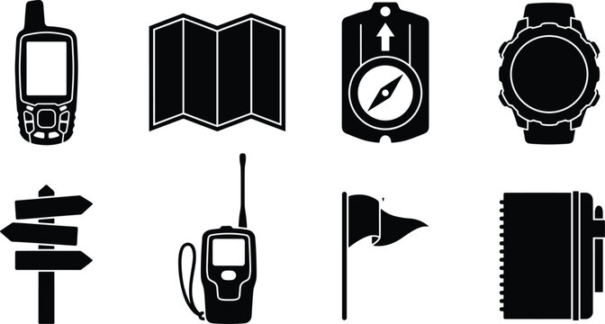 MobOutdoor Navigation and Hiking Orienteering Equipment Silhouette Vector Icon Set for Adventure Travel Designile