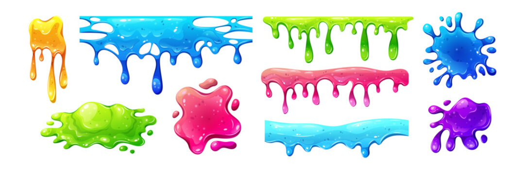 Sticky slime splash collection with jelly drips and splat effects. Vector liquid blots on white background with colorful sticky goo textures. Gum drops and 3D blob shapes for Halloween design.