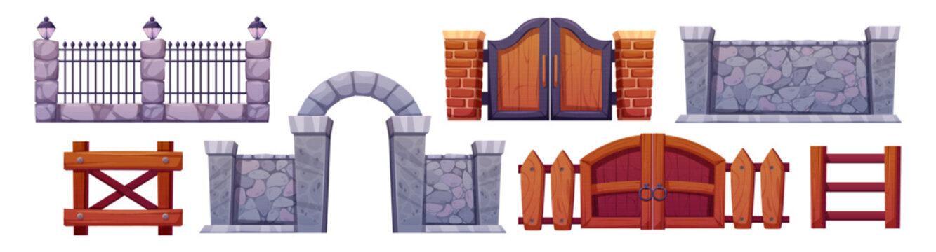 Cartoon fence and gate collection with wooden picket designs and stone wall elements. Garden barriers with rock textures, brick entrances and iron doors for farm or backyard vector illustration.