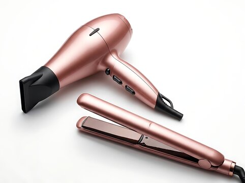 Modern rose gold hair dryer and flat iron hair straightener set. Beauty salon appliance concept suitable for hair care product styling advertisements.