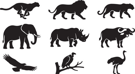 Set of wild african animal silhouettes including lion elephant rhino and cheetah © Farajul