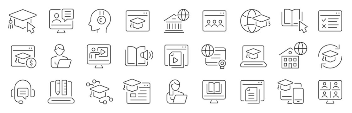 Online education thin line icons set. Online school, course, lesson editable stroke icon. Vector

