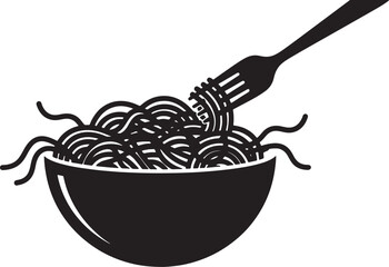 Fototapeta premium Black and white line of noodles in a bowl with a fork twirling them also transparent background