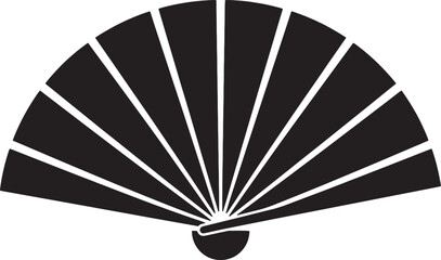 Black and white handheld folding fan with radial rib pattern, minimalist line also transparent background © MeJaMa