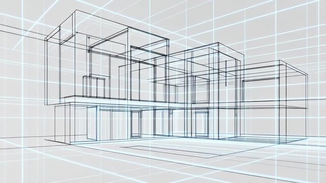 3D wireframe house construction animation sequence