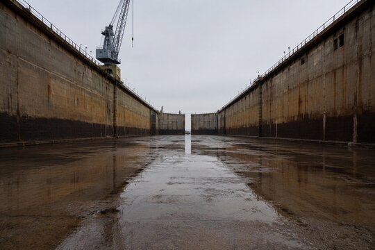 Vast empty concrete drydock with reflections on the ground.